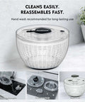 Big Ol 6.3 Qt Salad Spinner With Fully Removable Lid One Hand Press Pump shown with washing and drying steps.