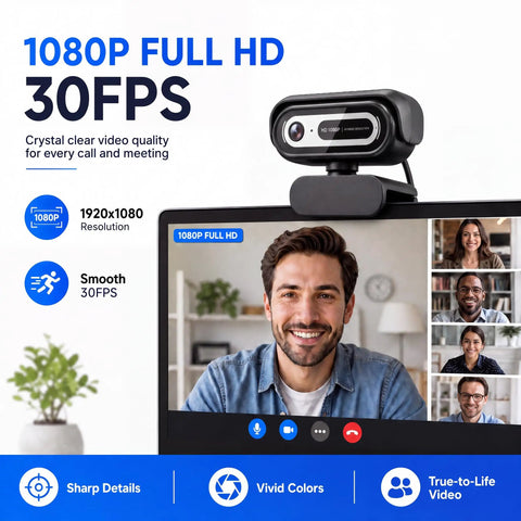 Legit Crisp 1080P Webcam For Pc And Laptops With Dual Noise Cancelling Mic on a monitor displaying a video call.