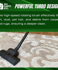 Universal 1.25 Inch Vacuum Carpet Brush Nozzle Attachment With Turbo Floor Brush Head shown cleaning a beige carpet