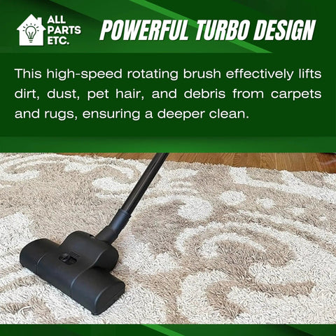 Universal 1.25 Inch Vacuum Carpet Brush Nozzle Attachment With Turbo Floor Brush Head shown cleaning a beige carpet