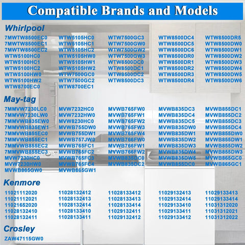 Compatible models for Washer Water Inlet Valve Replacement For Maytag Whirlpool Kenmore, showing model numbers by brand.