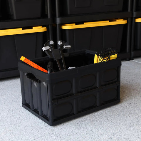 Big Time Heavy Duty Collapsible Storage Bin With 16 Gallon Capacity, Folds Flat Easy For Nifty Closet Or Car Trunk Stash, Stackable Plastic Tote Crate For Versatile Home And Garage Setup In Sleek Black with tools inside