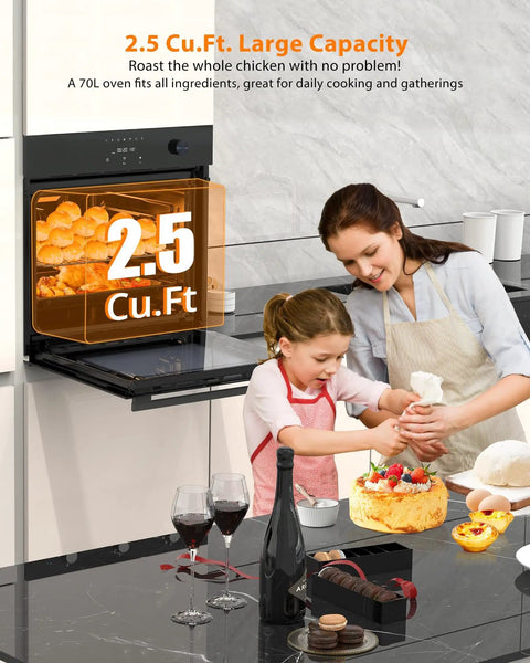 Built-In 24-Inch Electric Wall Oven With 2.5 Cu Ft Convection, 8 Cooking Modes, 500 F Max, family cooking in kitchen