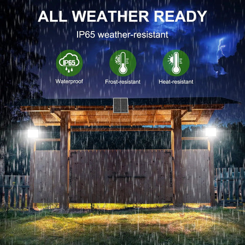 Set It And Forget It 200W Solar Flood Light Outdoor illuminating barn in heavy rain with IP65 weather resistance features
