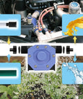 Heavy Duty Drill Powered Water Transfer Pump With 750 Gph High Flow Drainage Kit and Complete Hose Adapter Set for water flow illustration.