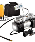 12V Portable Air Compressor With LED Flashlight Compact Double Cylinder Tire Pump Up To 150 PSI, hose, adapters, carry bag