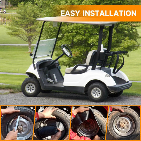 Golf cart with installation steps for Heavy Duty ATV Inner Tube Set For 18x8.50 8 And 18x9.50 8 Tires, 8 inch rims.