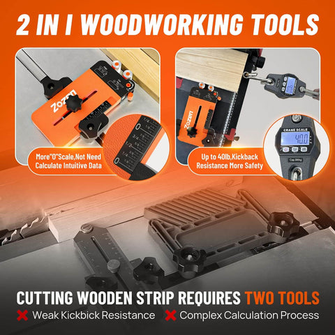 2 In 1 Thin Rip Jig With Feather Board For Table Saw, Reduces Kickback While Cutting Thin Strips, Fits Three Quarter Inch By Three Eighth Inch Slots, Includes Pro Grade Scale For Quick, Accurate Woodworking