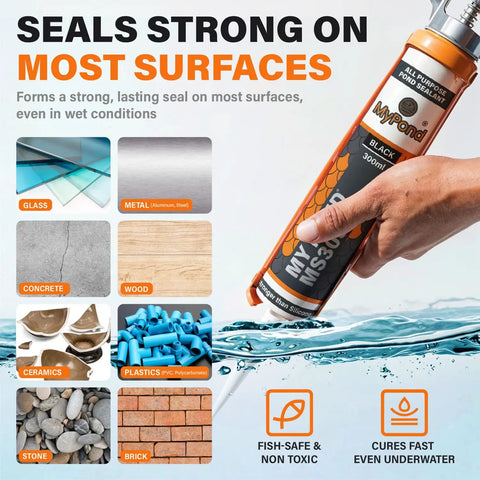 Heavy Duty Black Hybrid Sealant And Adhesive For Quick Pond Leak Fixes And Koi Tank Repairs Pro Grade MS Polymer Caulk 300ml in action.