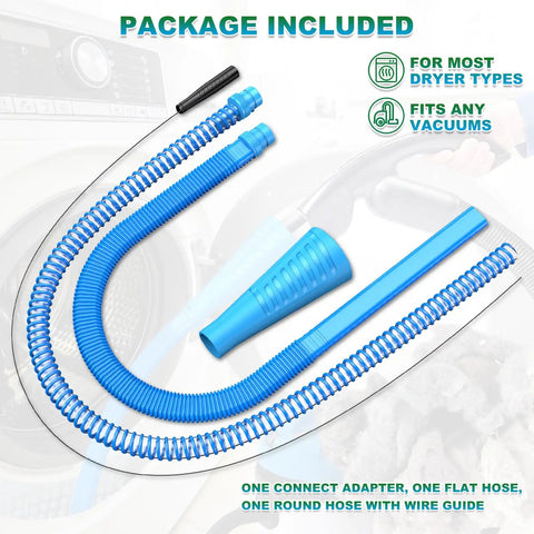 Two Piece Must Have Handy Dryer Vent Cleaner Kit With Vacuum Attachments For Lint Removal, showing hoses and adapter