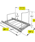 Heavy Duty Adjustable Cabinet Pullout Organizer dimensions with adjustable steel frame for kitchen use.