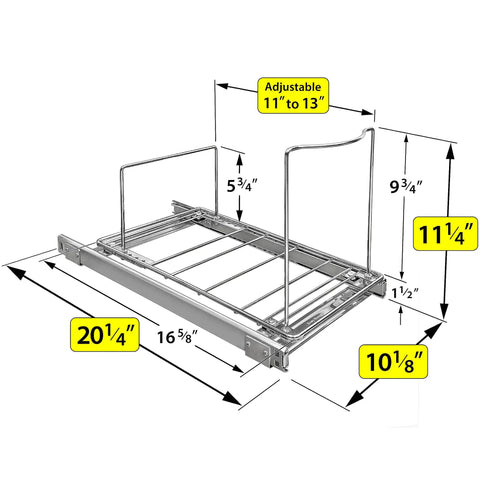 Heavy Duty Adjustable Cabinet Pullout Organizer dimensions with adjustable steel frame for kitchen use.