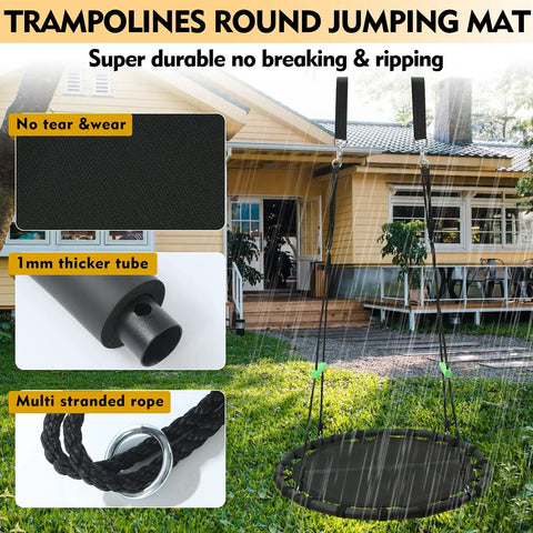 Black Round Saucer Swing With Handles For Backyard Fun, Built Tough Steel Frame, 40 Inch Diameter, Durable PP Mat, Adjustable Multi Strand Ropes