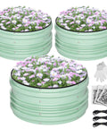 Three Piece Galvanized Raised Garden Bed Set, 2 By 2 By 1 Feet filled with flowers, shown with assembly accessories, green.