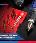 Badass High Speed Steel Step Drill Bit Set With Auto Center Punch Five Piece Forty One Sizes One Eighth To One Three Eighths Inch Titanium Coating placed in red case.