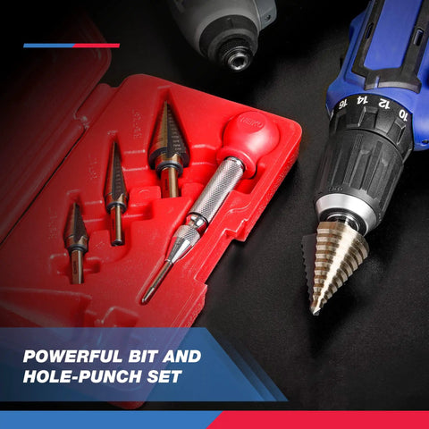 Badass High Speed Steel Step Drill Bit Set With Auto Center Punch Five Piece Forty One Sizes One Eighth To One Three Eighths Inch Titanium Coating placed in red case.