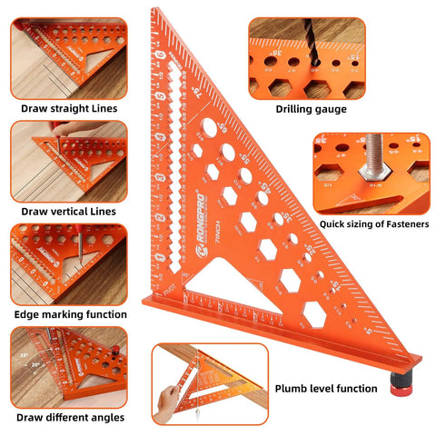 Rock Solid 2 Piece Rafter Square Set Featuring 12 Inch And 7 Inch Carpenter Squares Heavy Duty Aluminum Layout Tools with versatile edge marking features.