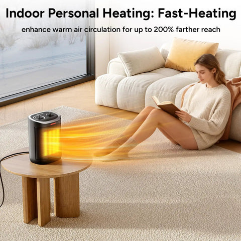 Woman reading near Compact 1500W Ceramic Space Heater For Desk And Home Use Heats Fast And Keeps You Cozy