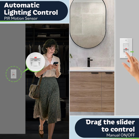 Motion Sensor Light Switch With Auto On Auto Off Occupancy Sensor For 150W LED And CFL Lighting in bathroom setting