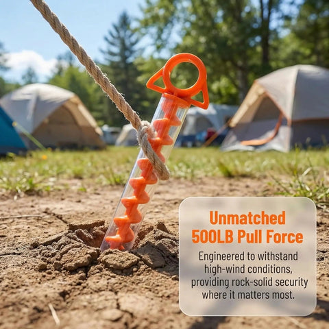Beefy Ground Anchors For Heavy Duty Screw In Tent Stakes Built For High Wind And Loose Sand Perfect For Canopies shown in use