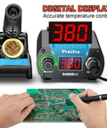 Pro 75W Soldering Station with Rapid Heat Up Digital Display T12 Tip Auto Sleep and Calibration in use for electronics soldering.