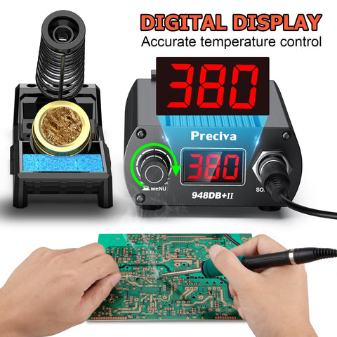 Pro 75W Soldering Station with Rapid Heat Up Digital Display T12 Tip Auto Sleep and Calibration in use for electronics soldering.