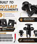 Straight Up Heavy Duty 90 Piece Auto Fastener Kit With Removal Tool includes zinc-plated bolts, U-nuts, and nylon push clips.