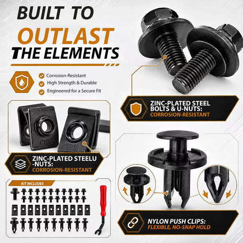 Straight Up Heavy Duty 90 Piece Auto Fastener Kit With Removal Tool includes zinc-plated bolts, U-nuts, and nylon push clips.