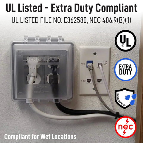 Weatherproof 2-Gang Lockable In-Use Electrical Outlet Cover For Wet Locations, UL Extra Duty Compliant, installed outdoors.
