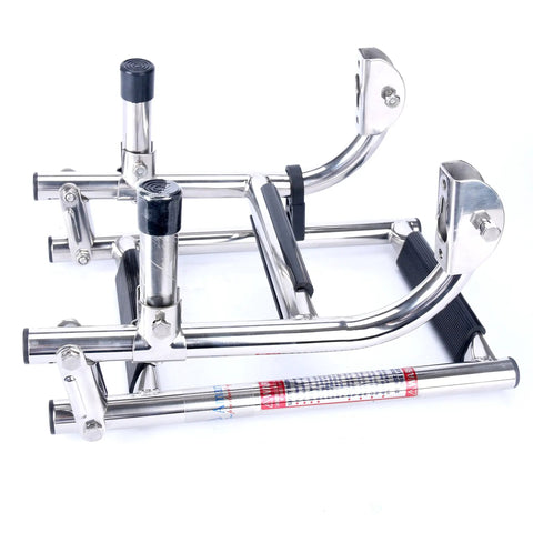 3 Step Stainless Steel Stern Mount Pontoon Boat Ladder with Rubber Grips, compact view showing folded design and mounting brackets