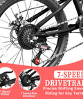 Close-up of Kids Mountain Bike with 7-speed drivetrain and dual disc brakes, featuring anti-slip butyl tires for rough terrain.