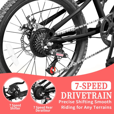 Close-up of Kids Mountain Bike with 7-speed drivetrain and dual disc brakes, featuring anti-slip butyl tires for rough terrain.