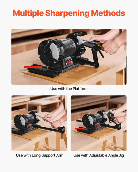 All In One Grind Sharpening System With Vari Grind Pro Jig for 6 Inch and 8 Inch Bench Grinders shown with multiple attachments.