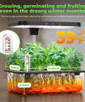 Indoor Hydroponics Grow Kit With 15-Pod Herb Garden, 24W Full Spectrum Light, temperature gauge, and plant growth at 39°F.