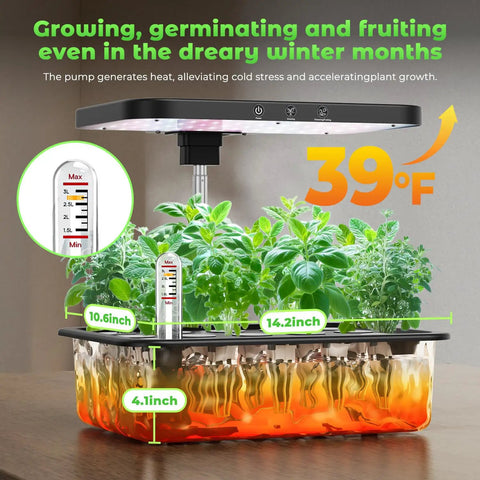 Indoor Hydroponics Grow Kit With 15-Pod Herb Garden, 24W Full Spectrum Light, temperature gauge, and plant growth at 39°F.