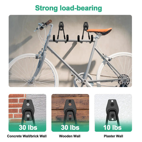 Heavy Duty Garage Wall Hooks Set With 2 Cord Straps 4 Steel Hangers For Tools Bikes Ladders Hose And Garden Gear Built Tough Easy Install Keeps Your Space Neat And Ready showing bike on hooks with wall types and load capacities