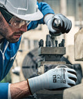 Man in blue uniform wearing Six Pairs Heavy Duty Work Gloves With Sandy Nitrile Coating Extreme Fiber Abrasion Resistance Level 6 Certified A2 Cut Protection Grippy For Construction Men and Women working with machinery.