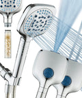 4X High Pressure Handheld Showerhead With 10 Spray Modes And Built-In Chlorine Filter, chrome finish, water spray detail.