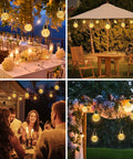 Solar Outdoor Lights Decorative 12 Pack Hanging Garden Lights Waterproof Solar Powered Globe Cracked Glass Ball Lanterns For Yard Patio Fence Tree Umbrella Holiday Decoration Warm White glowing at night in a garden setting with people dining.