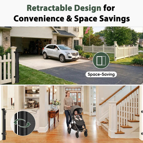 Extra Wide Retractable Baby Gate Delivering Rock Solid Safety For Mega Garages Wide Driveways And Big Patios while showing retractable design.