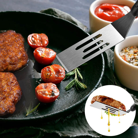 Two-piece stainless steel slotted spatula set for kitchen use, ideal for turning and serving small portions.