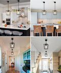 Top Shelf 2 Pack Modern Farmhouse Pendant Lights For Kitchen Island Featuring Matte Black Iron Cage And Clear Glass Shade in various settings.