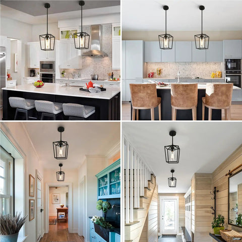 Top Shelf 2 Pack Modern Farmhouse Pendant Lights For Kitchen Island Featuring Matte Black Iron Cage And Clear Glass Shade in various settings.