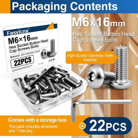 22 Piece M6 X 16MM 304 Stainless Steel Button Head Socket Cap Screws Full Thread Rustproof Heavy Duty Machine Fasteners in storage box