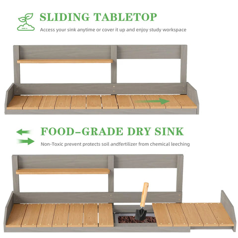 Sliding tabletop and food-grade dry sink on Sturdy Wooden Potting Bench With Sink For Outdoor Garden Work Table With Storage Cabinet And Shelves