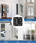 Heavy Duty Four Inch Self Closing Door Hinges Three Pack Featuring Five Eighths Corners And Spring Loaded Setup For Interior Rooms. Front, back, garage, and office doors showcasing hinges.