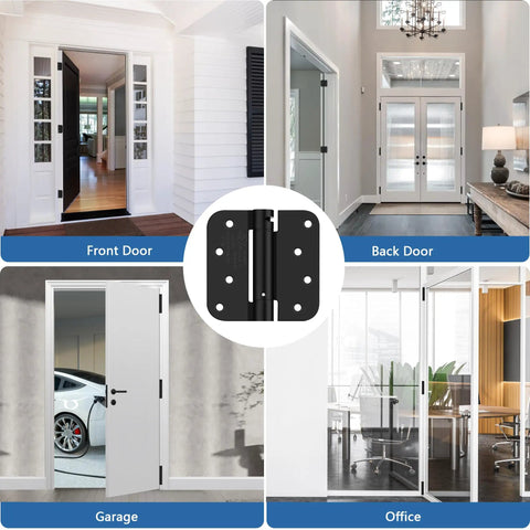 Heavy Duty Four Inch Self Closing Door Hinges Three Pack Featuring Five Eighths Corners And Spring Loaded Setup For Interior Rooms. Front, back, garage, and office doors showcasing hinges.