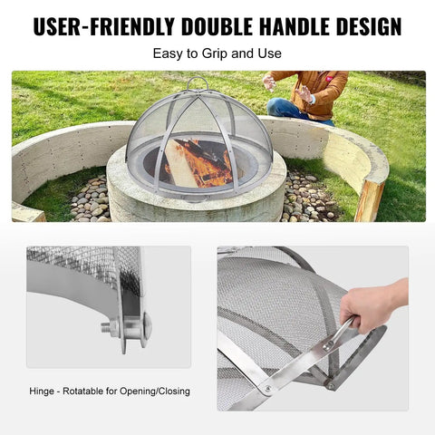 36-Inch Fire Pit Spark Screen Lid Round Stainless Steel Fire Ring Cover For Outdoor Pits shown with user-friendly handles