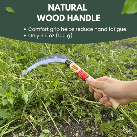 Person using Weeding Sickle Kama with curved serrated edge, lightweight high carbon Japanese steel blade, natural wood handle