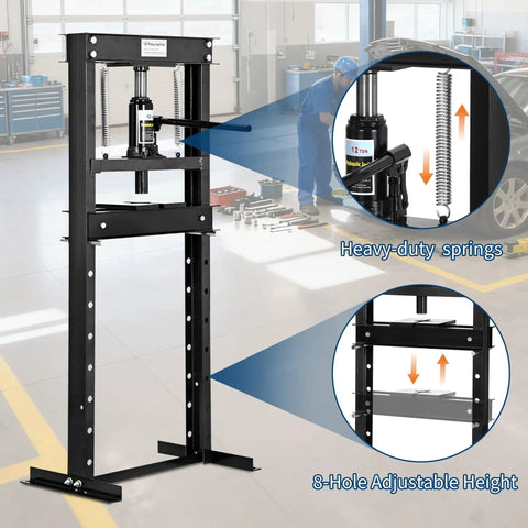 12 Ton H Frame Hydraulic Shop Press For Garage And Shop Use With Adjustable Height Stamping Plates And Built In Relief Valve For Bending Straightening Bearing And U Joint Work Car Repair And Pro Level DIY Projects, black steel frame with heavy-duty springs